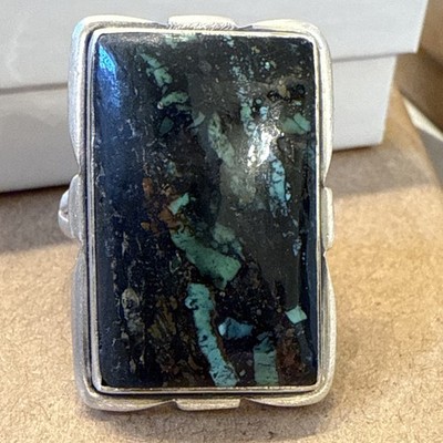 Large BLACK JACK TURQUOISE Ring Navajo Southwestern Double Sterling Silver Adj