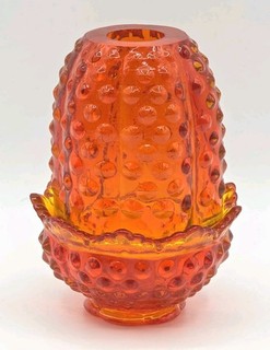 Fenton Orange Amberina Hobnail Glass Fairy Lamp Tea Light 2 pc Original Label
