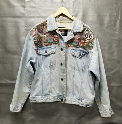 Route 66 Tapestry patches LEI Riding Wear Denim Blue Jean Jacket Mens Large Used