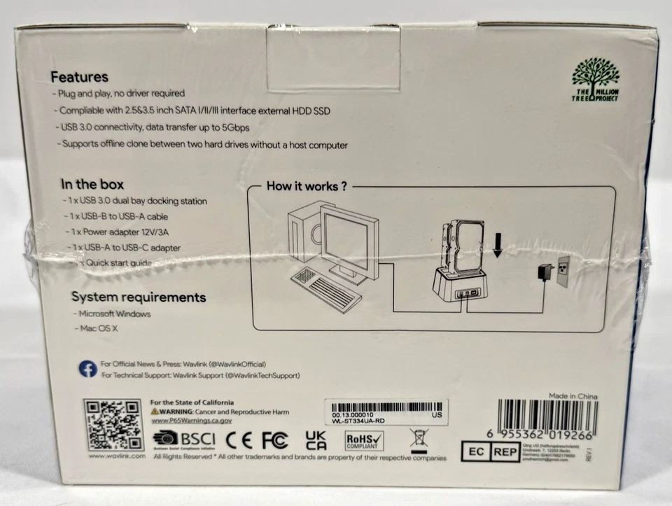 WAVLINK USB 3.0 Dual Bay SATA Dock – 2.5"/3.5" HDD SSD Hard Drive Dock Station - Image 2 of 4