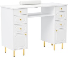 French Style Manicure Table with Drawers 3D Carved Panels Wrist Rest Cushion