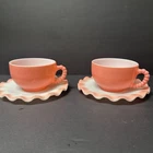 VTG 1950s Hazel Atlas Pink Crinoline Milk Glass 2 Cups & 2 Saucer Set Beautiful