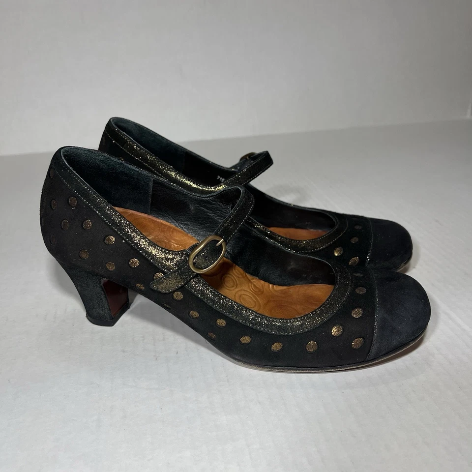 Tacones Mary Jane Chie Mihara para mujer 37,5/EE. UU. 7,5 gamuza azul marino dorado a lunares Foto 3 de 4