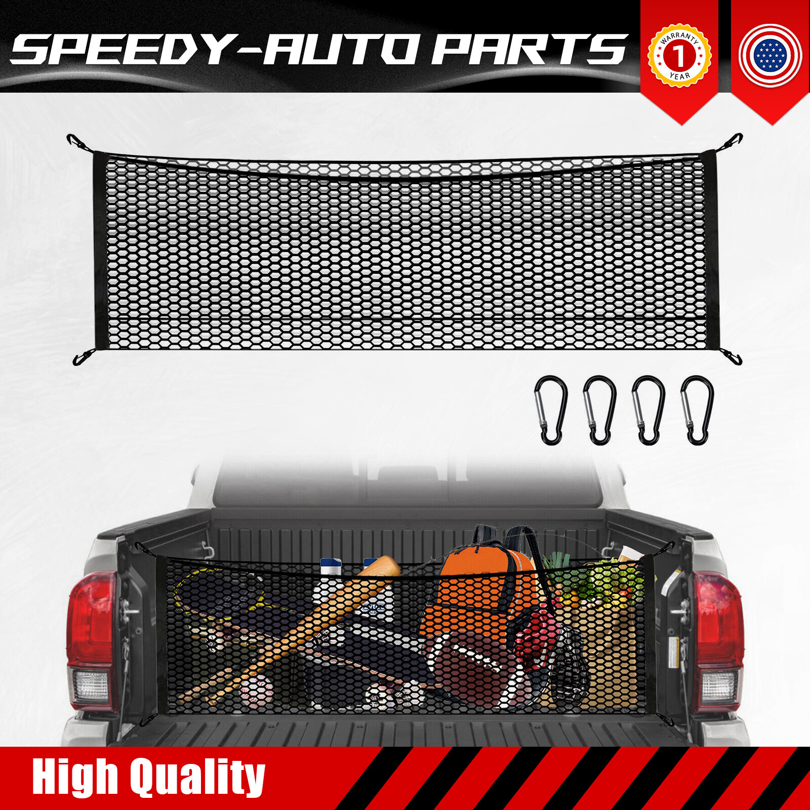 Heavy-Duty Cargo Net for Pickup Trucks with 4 Carabiner Hooks Fits Silverado F150 GMC