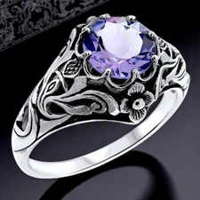 ART NOUVEAU STYLE GENUINE AMETHYST SCOTTISH THISTLE 925 STERLING SILVER RING 567