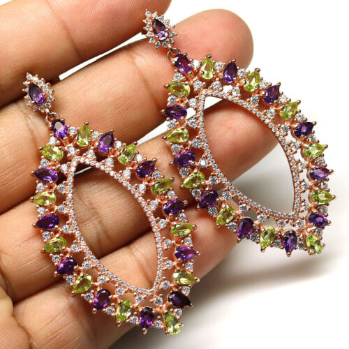 925 Sterling Silver Purple Amethyst, Peridot & Zircon Earrings Rose Gold Coated - Picture 2 of 4