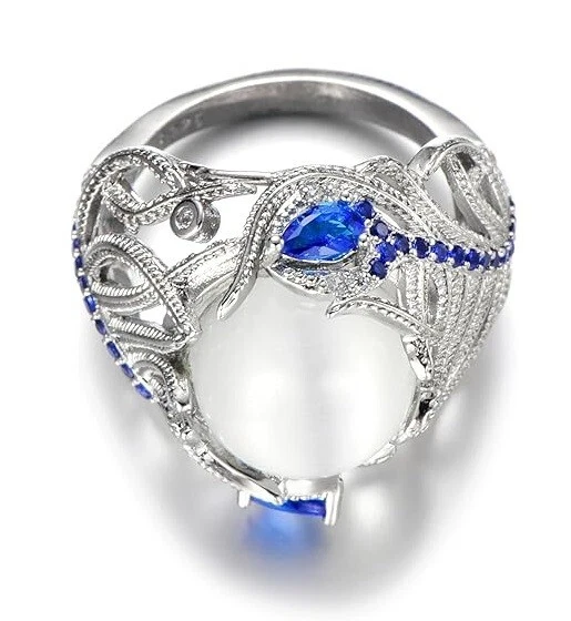 Design de penas de luxo com safira azul brilhante e anel de festa de pérola branca - Imagem 2 de 4