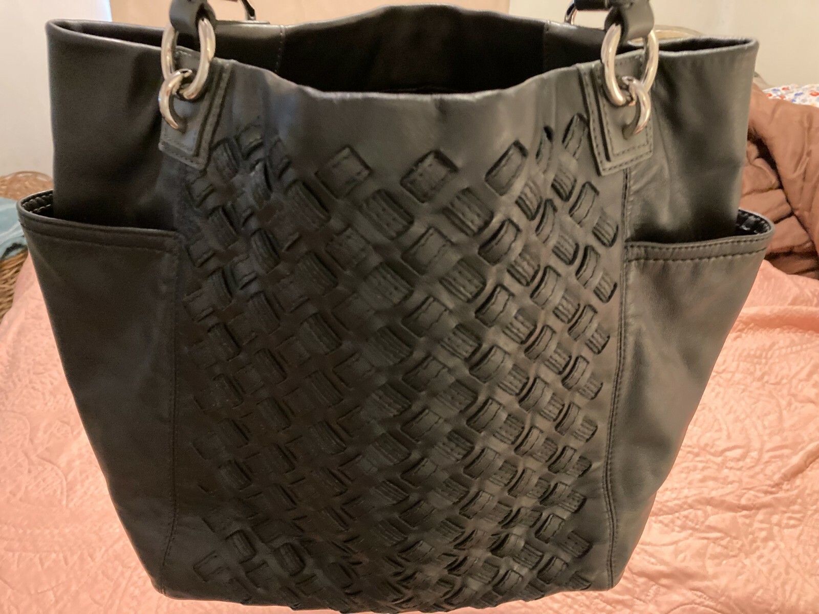 Black leather Coach handbag with woven panels 17x11.5x6 pre-owned-image