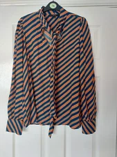 D102 WOMANS VERO MODA BLUE MIX LONG SLEEVE TIE NECK RELAXED FIT TOP UK M EU 40