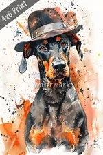 Gangster dog Doberman Pinscher with vintage hat water Art 4x6 Print