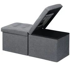 STORAGE BENCH FOLDING STORAGE OTTOMAN FOOT REST STOOL 34 INCH GREY LINEN FOOTSTO