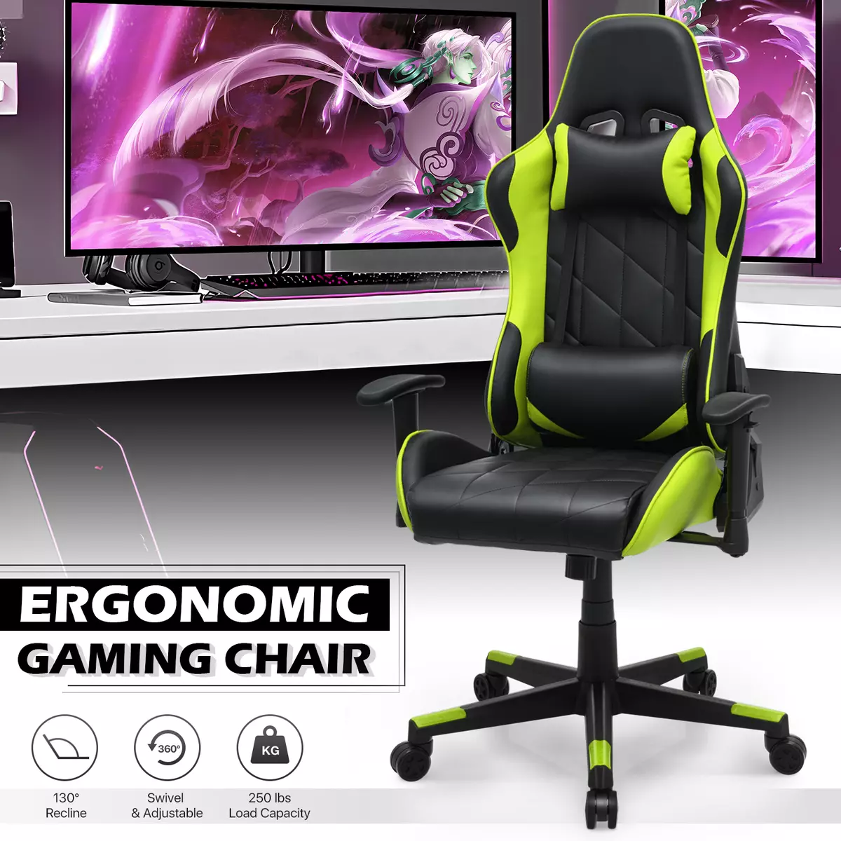 Green Ergonomic Leather Racing Gaming Chair Home Computer Swivel