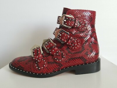 GIVENCHY ヒールブーツ24〜24.5 GIVENCHY ELEGANT RED SHINY PYTHON STUDDED BUCKLES ANKLE BOOTS 37.5