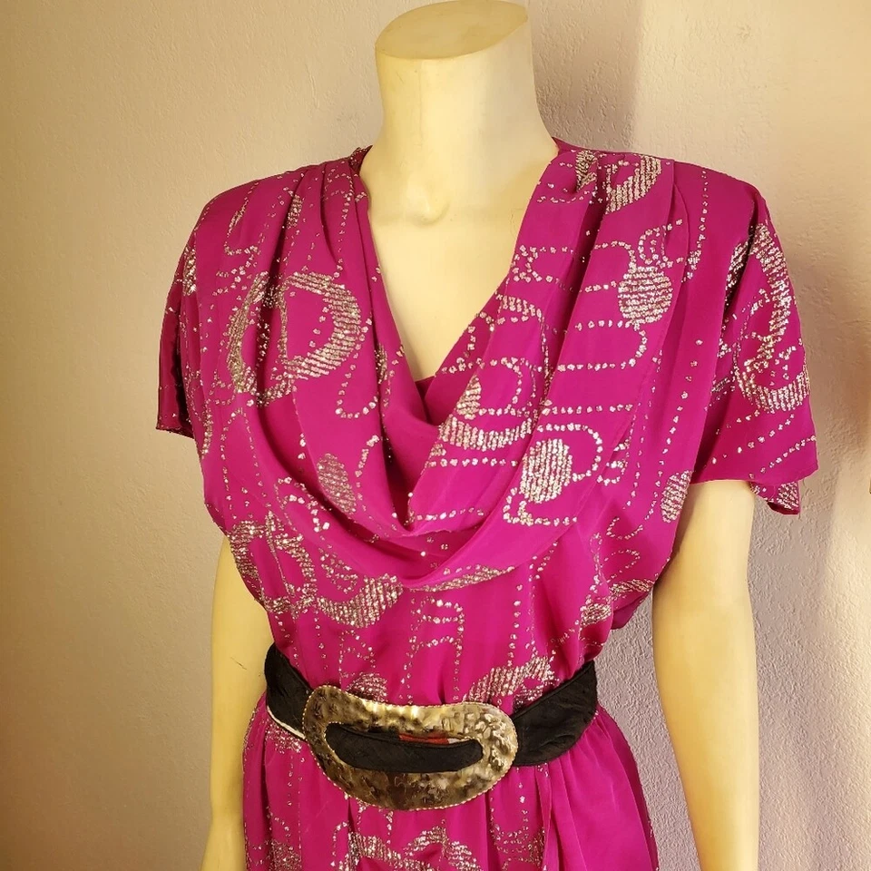 Vintage Disco Fuschia Pink with Silver Party Dress M L - Image 4 of 4
