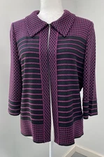 MING WANG M Medium Purple Black Stretch Knit Shirt Jacket Top 3/4 Sleeve