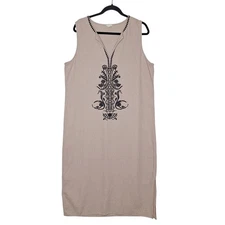 Sigrid Olsen Linen Long Maxi Shift Dress XL Embroidered Taupe Lagenlook Resort