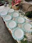 Vintage Hazel Atlas White Milkglass 7" ruffled Aqua Desser plates Crinoline