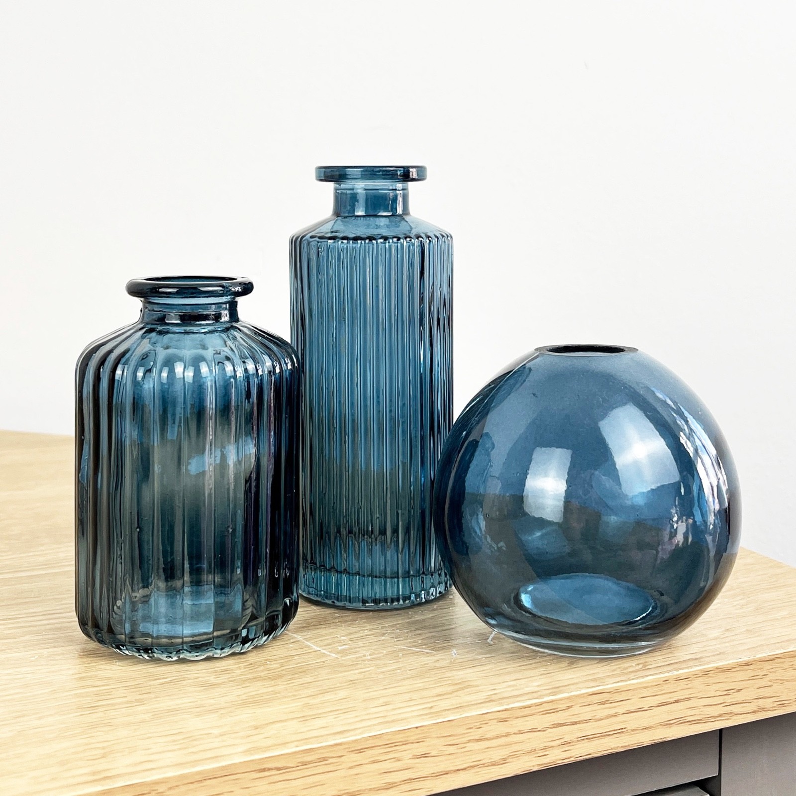 Set of 3 Mini Small Glass Bud Vases BLUE Flowers Stems Vintage Wedding Table