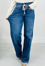 NEW Moco Boutique Wide Leg Jogger Tummy Control Jeans Blue Stretch Fabric Sz 16W