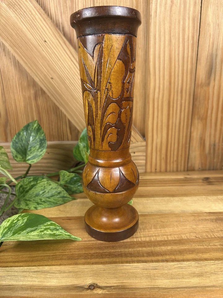 Vaso de madeira vintage boho esculpido à mão 10” rústico boho tribal arte folclórica decoração - Imagem 4 de 4
