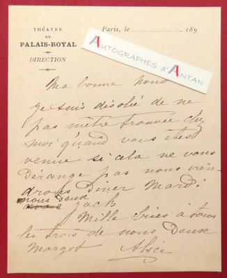   L.A.S Alice LAVIGNE Schauspielerin geboren in Paris 1854 Théâtre du Palais Royal Brief