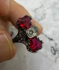 1930's Victorian Filligree Ring Silver Synthetic Rubies Missing Diamond S 7.75