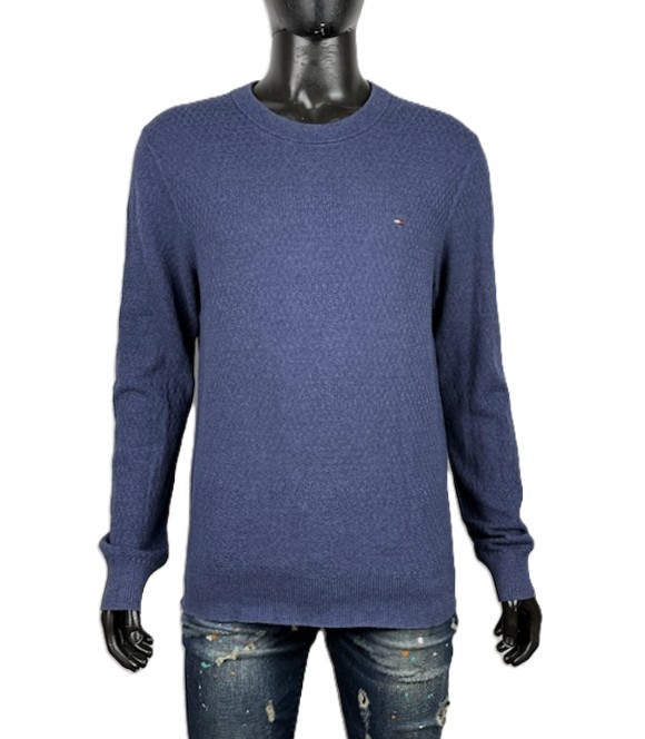 Tommy Hilfiger Maglione Uomo Taglia L Blu Mélange Cotone Girocollo Logo Ricamato