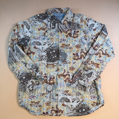 Tommy Bahama Men s Mythical Dragon Print Blue Silk Blend Button Up Shirt Large