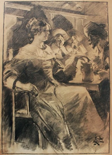 Erik Henningsen, large drawing. A lady at an inn 17th C. Marie Grubbe. c1900
