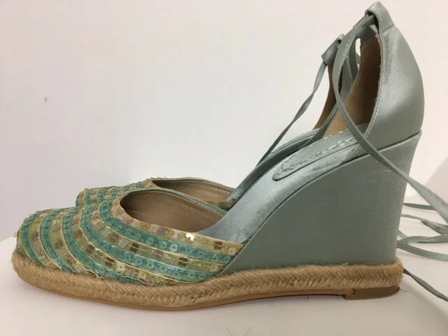Stunning smart classy NEW ladies NINE WEST wedge sandals duck blue satin UK 6