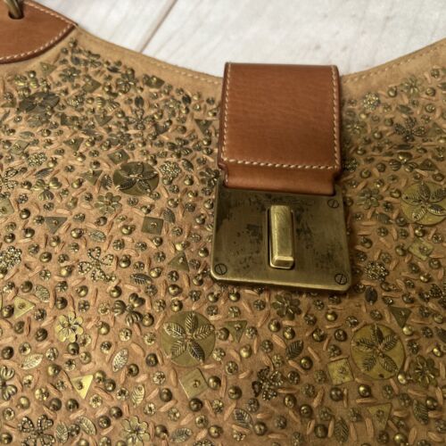 Oscar De La Renta Tan Suede & Leather Purse All Over Beading Handbag Gold Beads - Picture 10 of 22