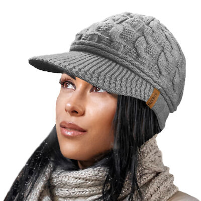 Ladies Peaked Cable Knit Warm R80 Teddy Fleece Lined Beanie Winter Hat Cap  UK