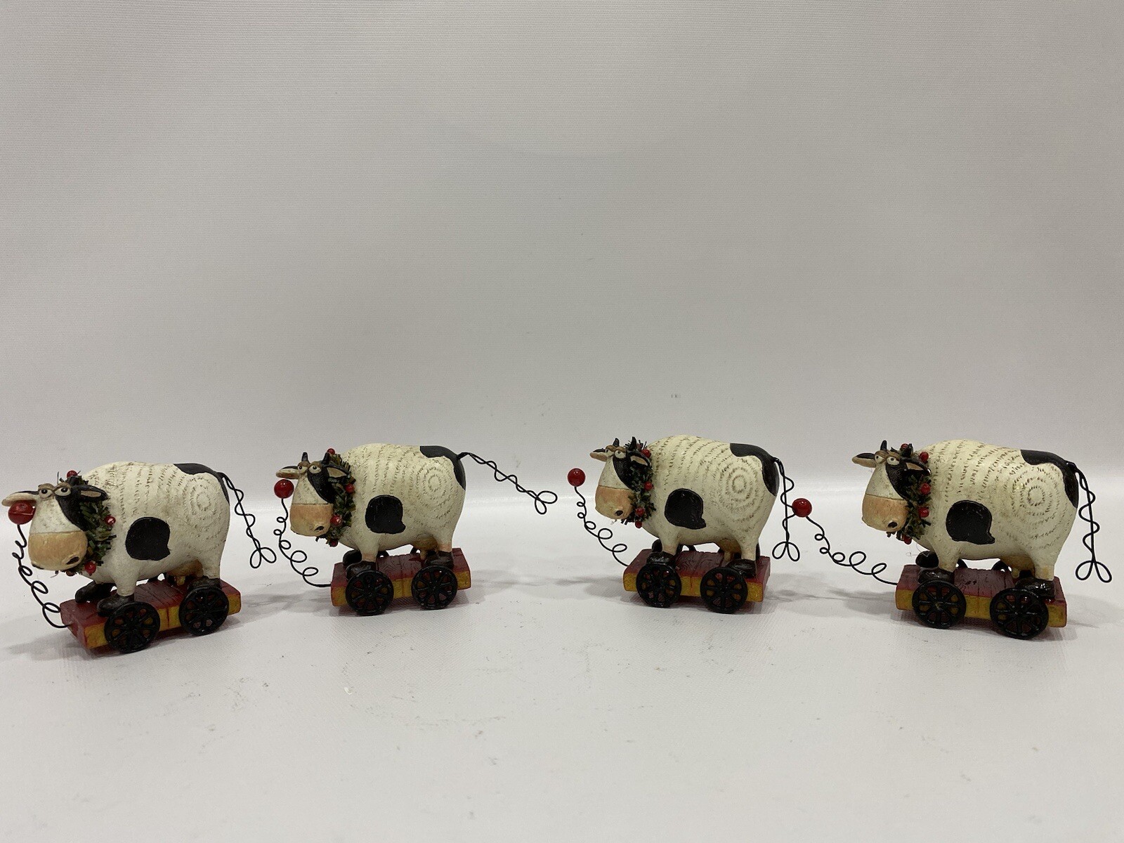 Vintage Farm Christmas Ornaments  Cows On Wheels Lot Of 4