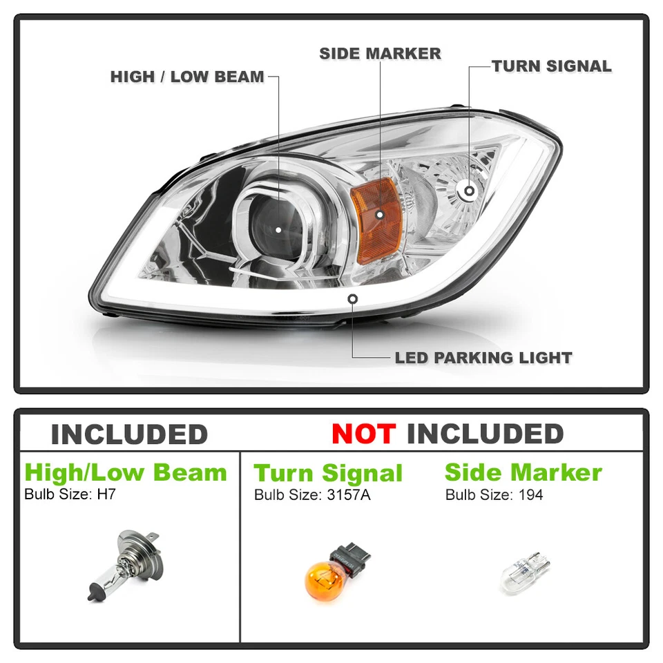 2005-2010 Chevy Cobalt 2007-2010 Pontiac G5 Chrome LED Tube Projector Headlights - Image 3 of 4