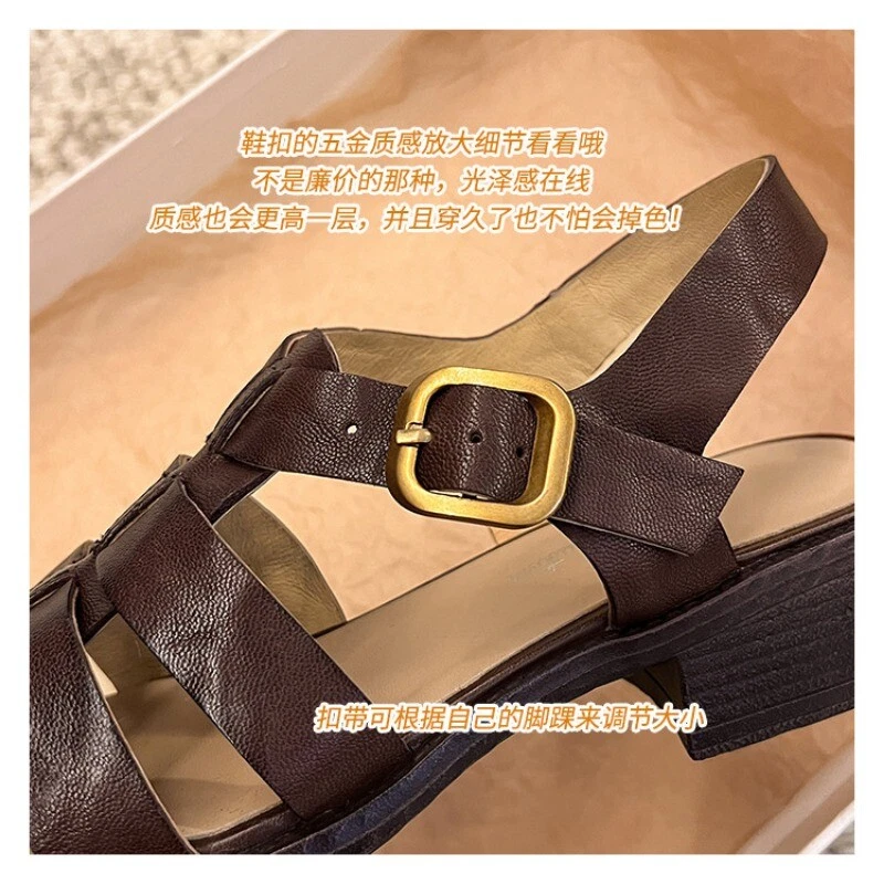 Roman Summer Womens Sandals Leather Hollow Out 4CM Heels Buckle Casual Sandals - Image 4 of 4