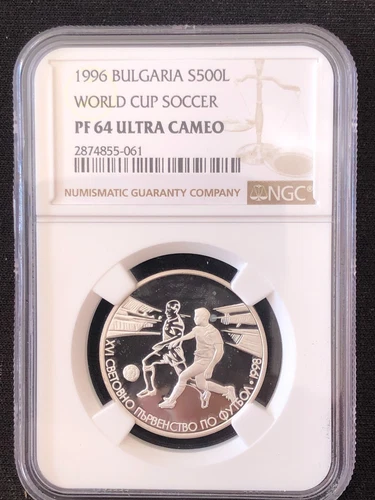 BULGARIA 1996 500 LEVA XVI FIFA WORLD CUP SOCCER NGC PF64 Ultra Cameo