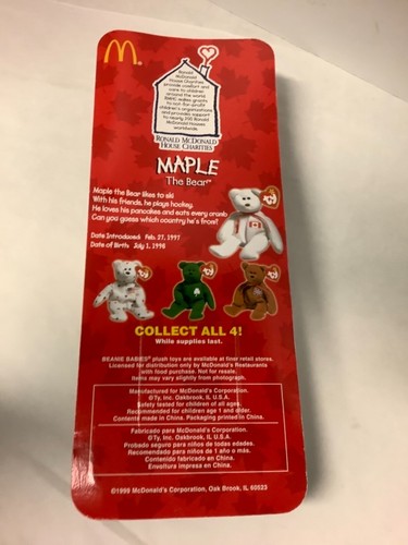 McDONALDS SET COMPLETO DI 4 TEENIE BEANIE BABIES TY INTERNATIONAL BEARS 1999 - Foto 7 di 12