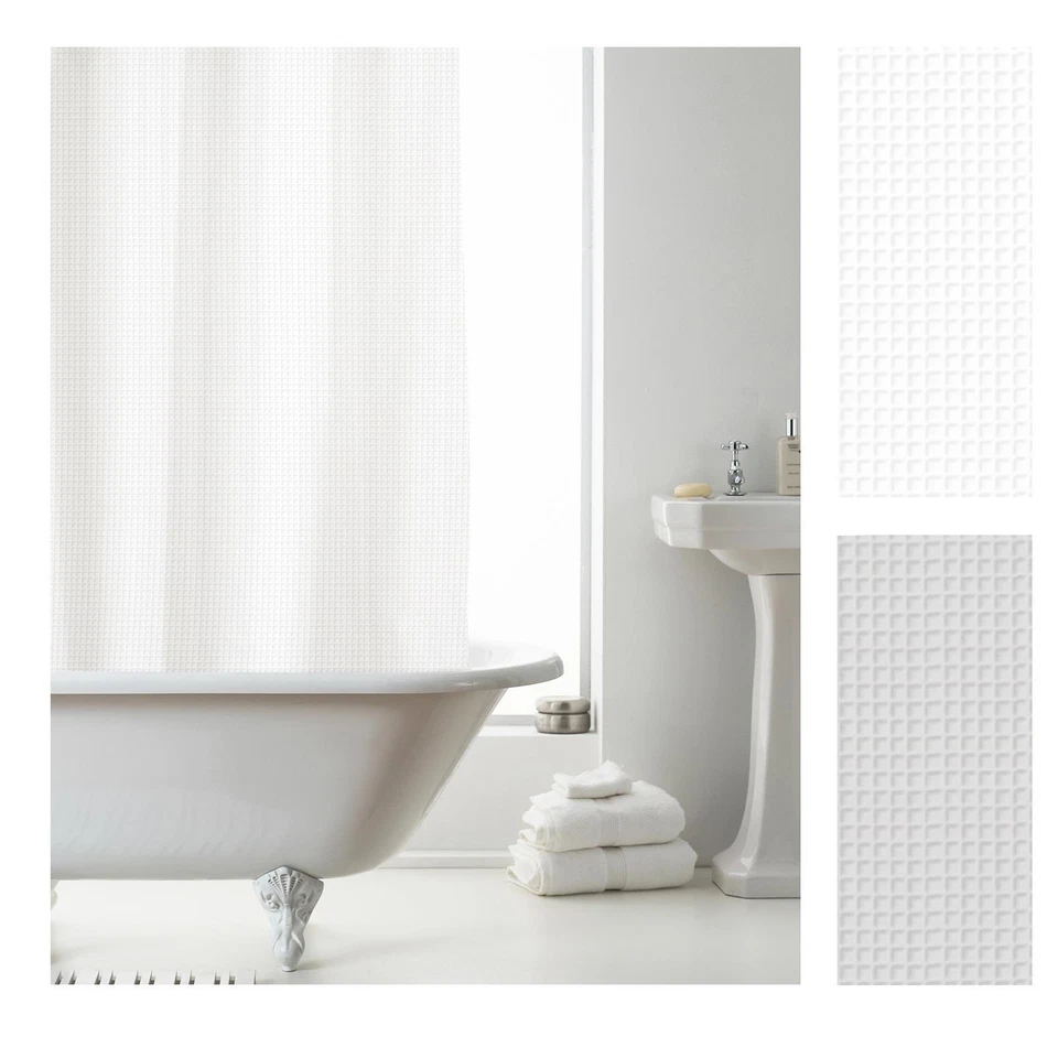 Country Club Shower Curtain Waffle Design With Rings Liner White Grey 180cm