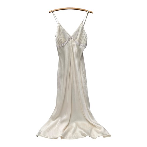Vintage August Silk Intimates 100% Silk Ivory Long Gown M Lace Beaded Bridal Y2K