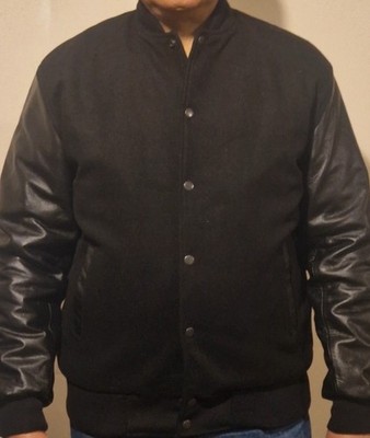 Varsity Jacket Black Wool&Real Leather sleeves Letterman Bomber College 2XS~7XL