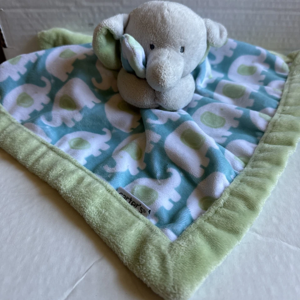 Manta de seguridad Carter's Plush Elephant LOVEY azul verde blanco cuadrada 14" x 14" Foto 4 de 4