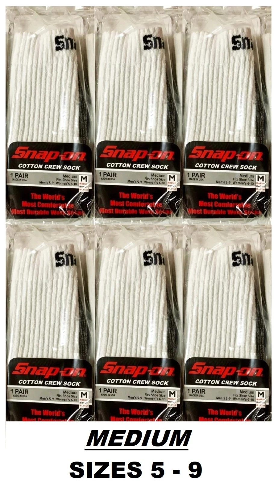6 PAIRS Men's WHITE Snap-On Crew Socks MEDIUM *FREE SHIPPING ~ MADE IN USA *NEW*