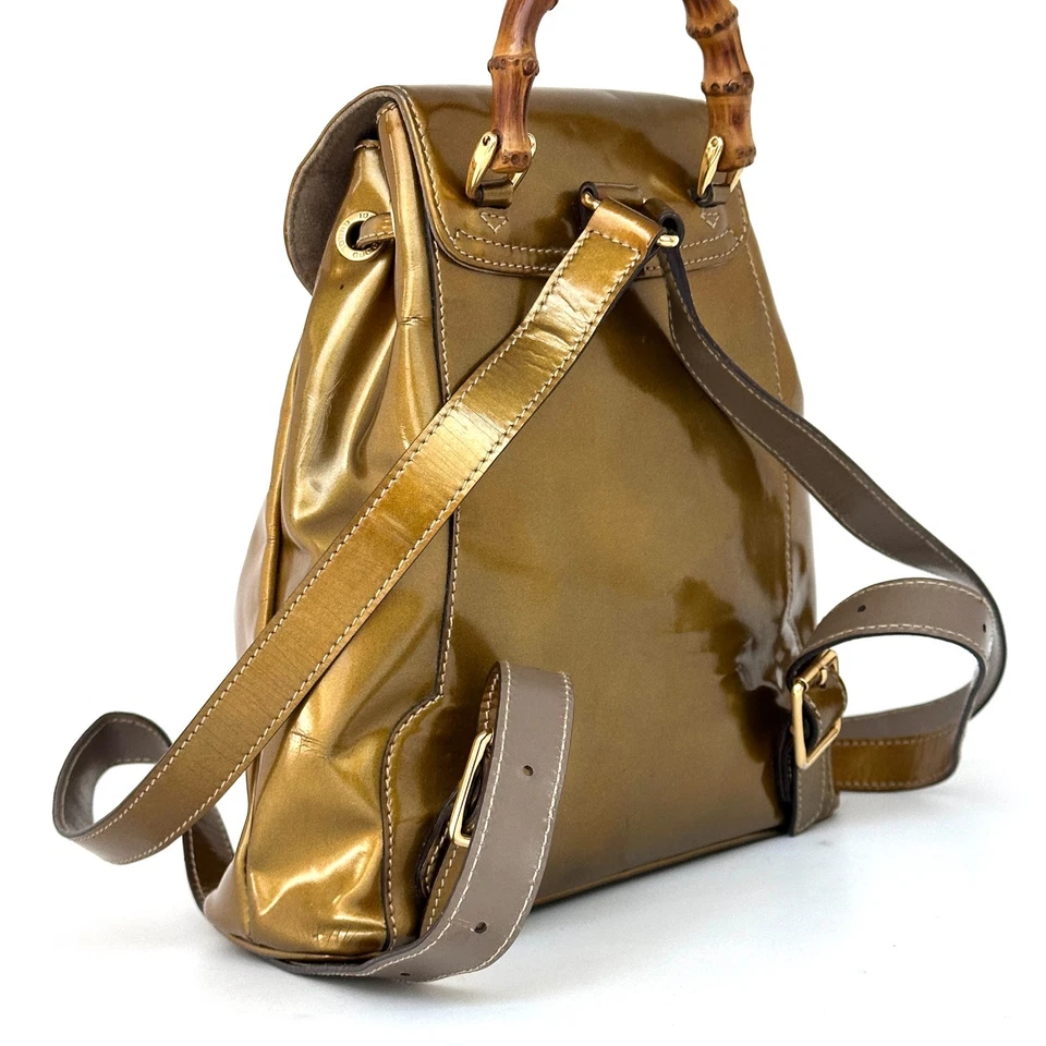 GUCCI Mochila Bambú Dorado Charol Esmalte Cartera Auténtica de Japón Foto 3 de 4