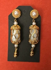 Emmons Magic Lantern Rare Gold Tone 1960s Pearl Drop Earrings Filigree Design
