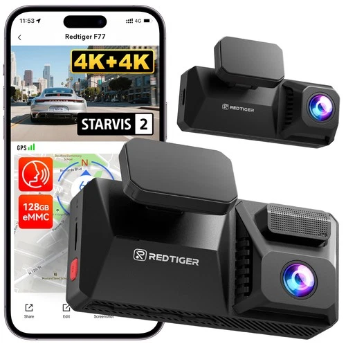 REDTIGER F77 4K+4K Dash Cam Front and Rear,STARVIS 2 HDR,Built-in 128GB eMMC,GPS
