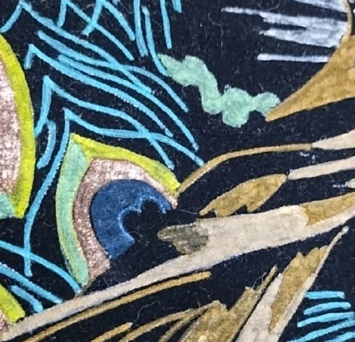 Elegant Vintage Velvet Painted Peacock Wall Tapestry Weeping Willow On Lake - Image 3 of 4