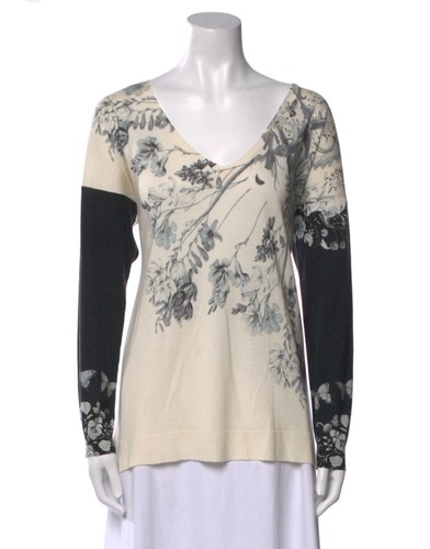 ETRO Italy Silk Cashmere Sweater Gray Black Cream Floral Butterfly US L (12)