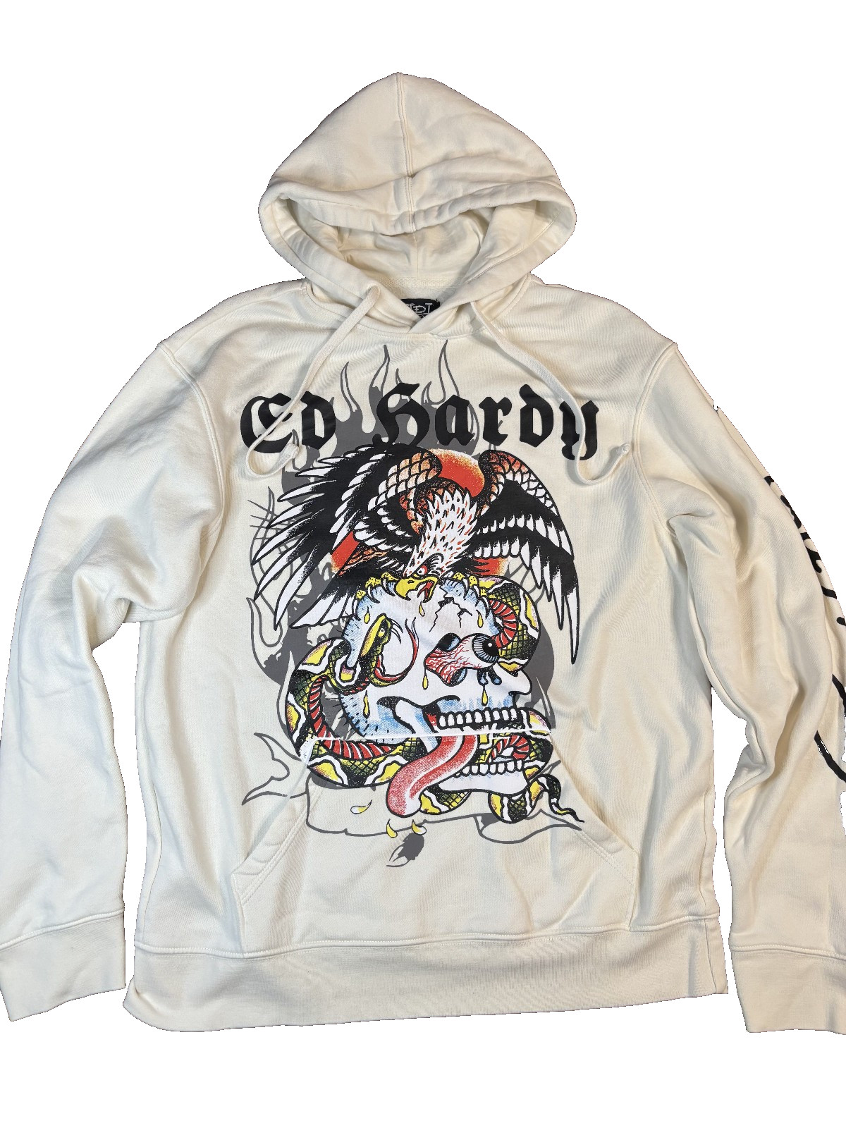 New Y2K Style Ed Hardy Ivory Hoodie w/Battle Skull Eagle Snake Graphic, Medium