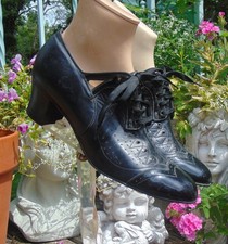 VTg 1940s Sears Black Leather 2 Tone Deco Granny Oxford Shoes 8