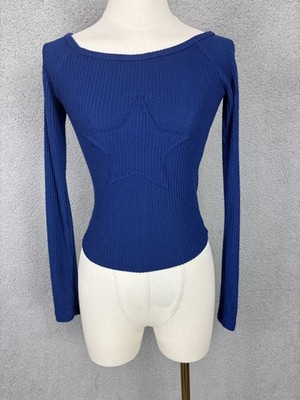 Just Polly Juniors' Cozy Star Patch  Knit Ribbed Blue  Long Sleeve Top Small NWT